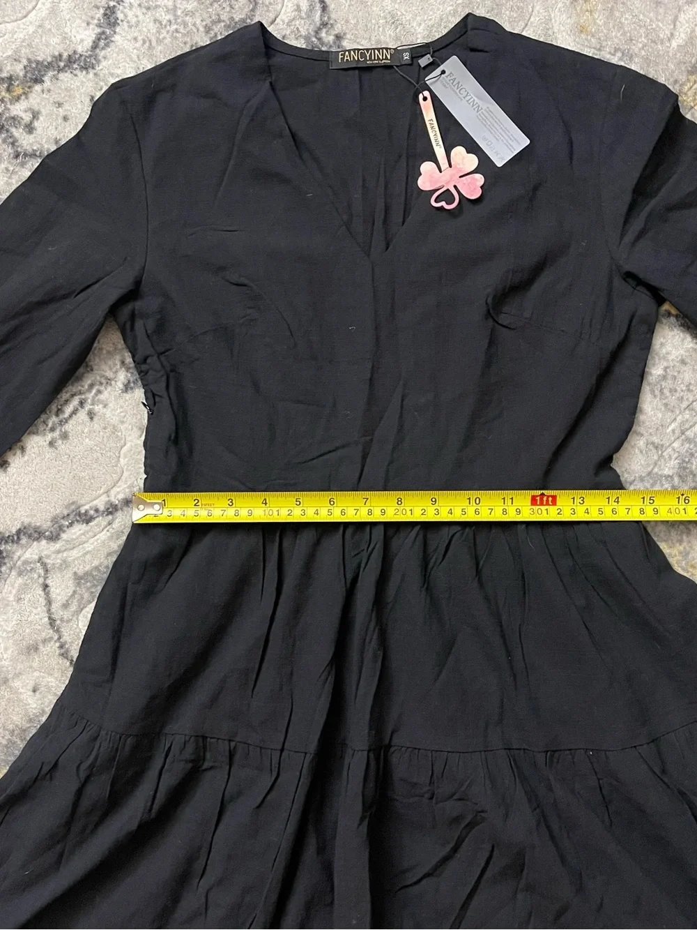 Fancyinn Black Tiered V-Neck Long Sleeve Dress